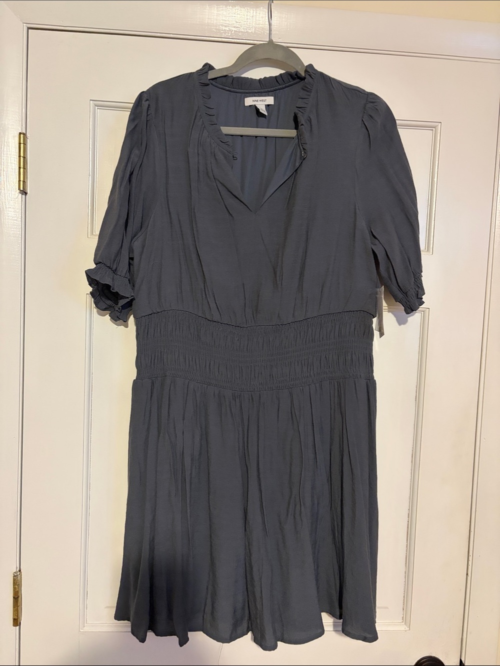 Nine West Slate Blue Smocked-Waist Mini Dress